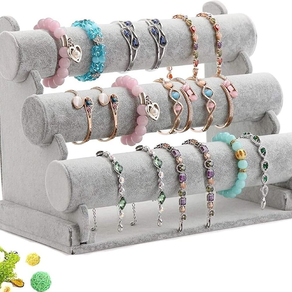 Triple Bracelet Holder Velvet Jewelry Display Stand Watch Bangle Bar Necklace St